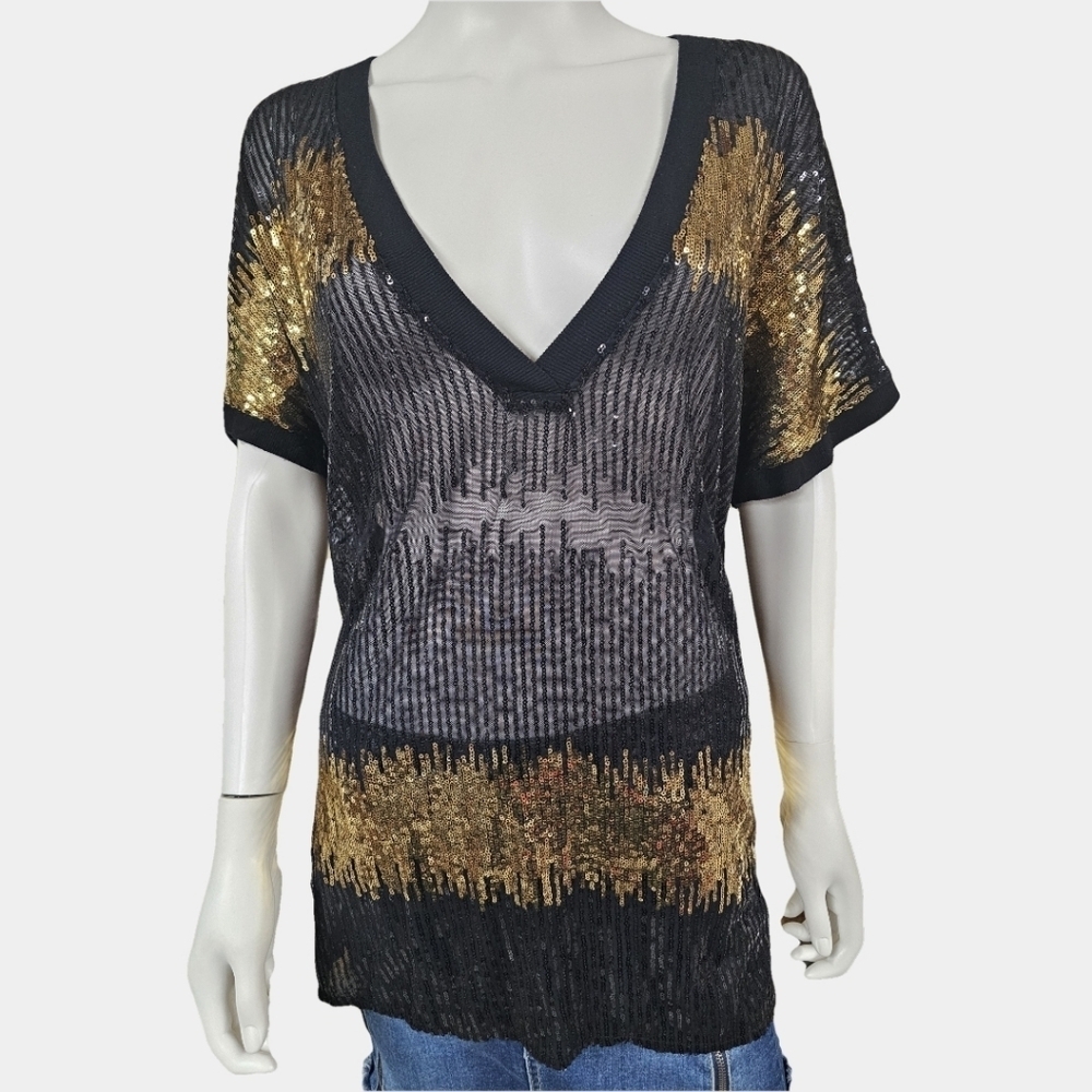 INC International Concepts Short Sleeve Deep V-Neck Sequin Sheer Tunic Size L